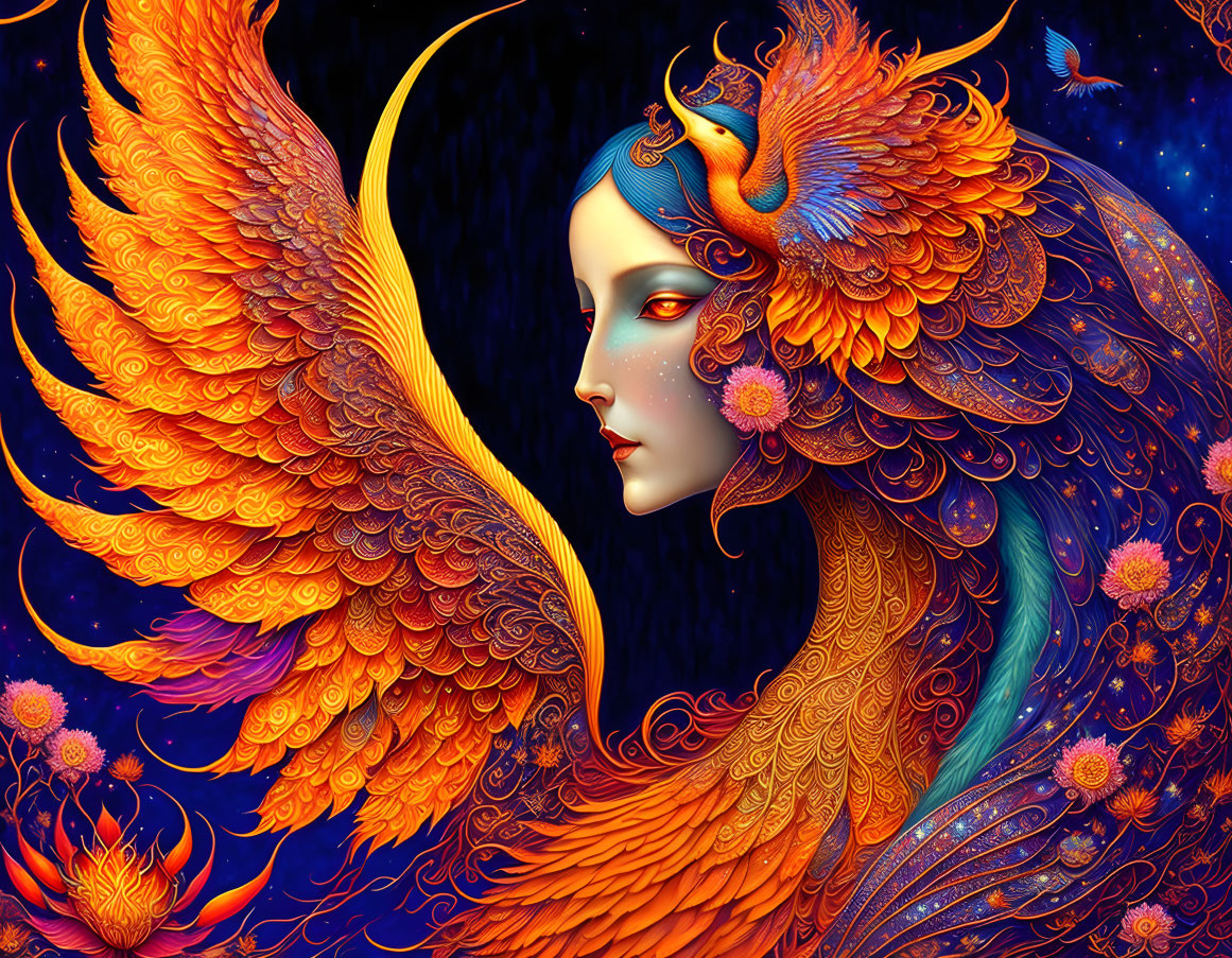 Colorful mystical figure with orange wings and celestial motifs on dark background