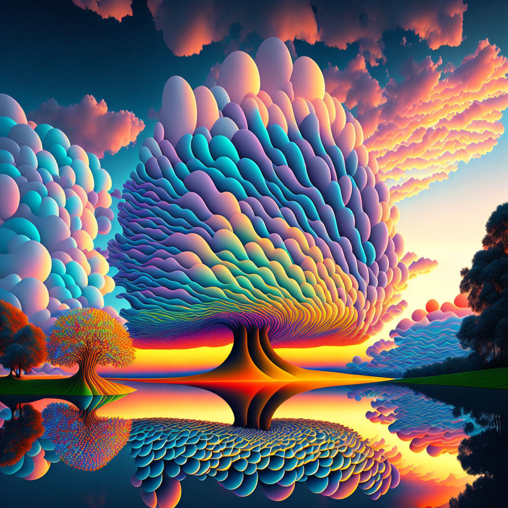 Colorful surreal landscape with stylized tree under vibrant sunset.