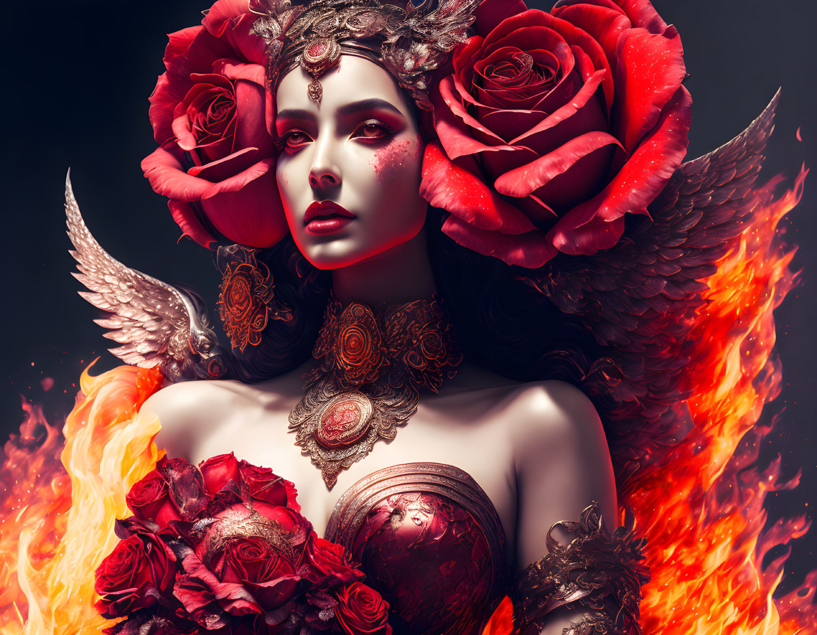 Fantastical female figure with red rose and gold accents, fiery feathered wings