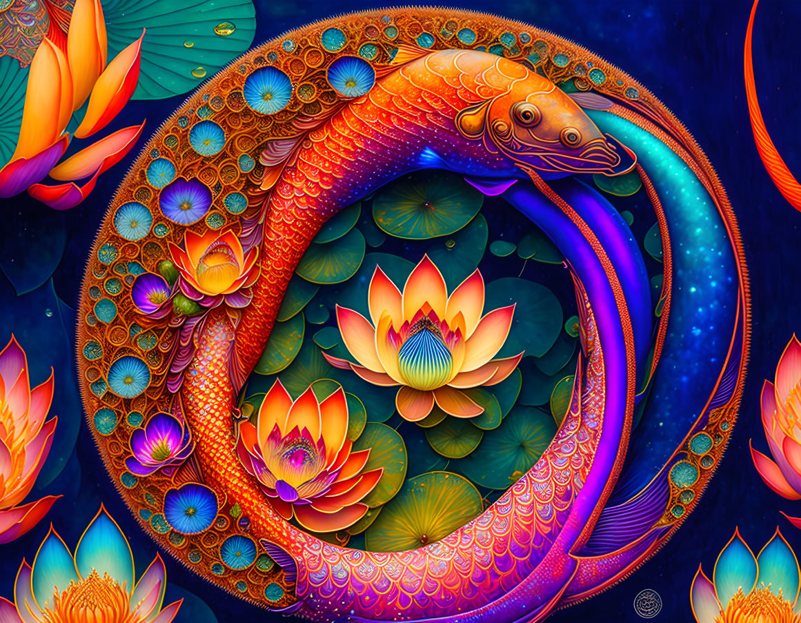 Colorful Digital Artwork: Stylized Koi Fish & Lotus Flowers on Blue Background