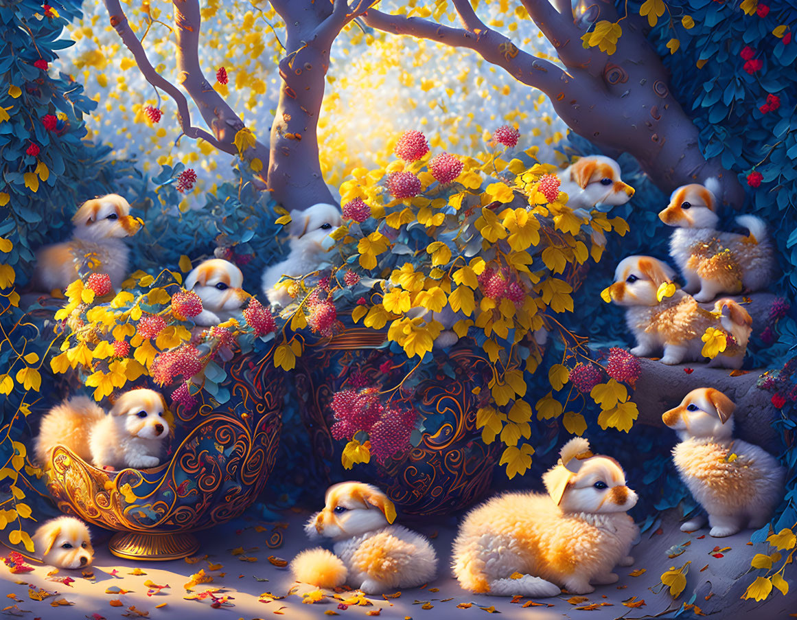 Fluffy chick-like creatures in vibrant floral setting