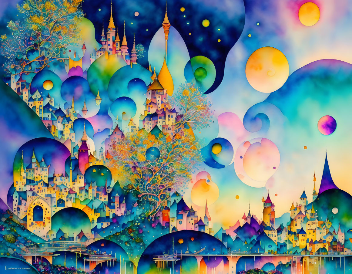 Colorful painting of whimsical landscape with castles, trees, orbs, and starry sky