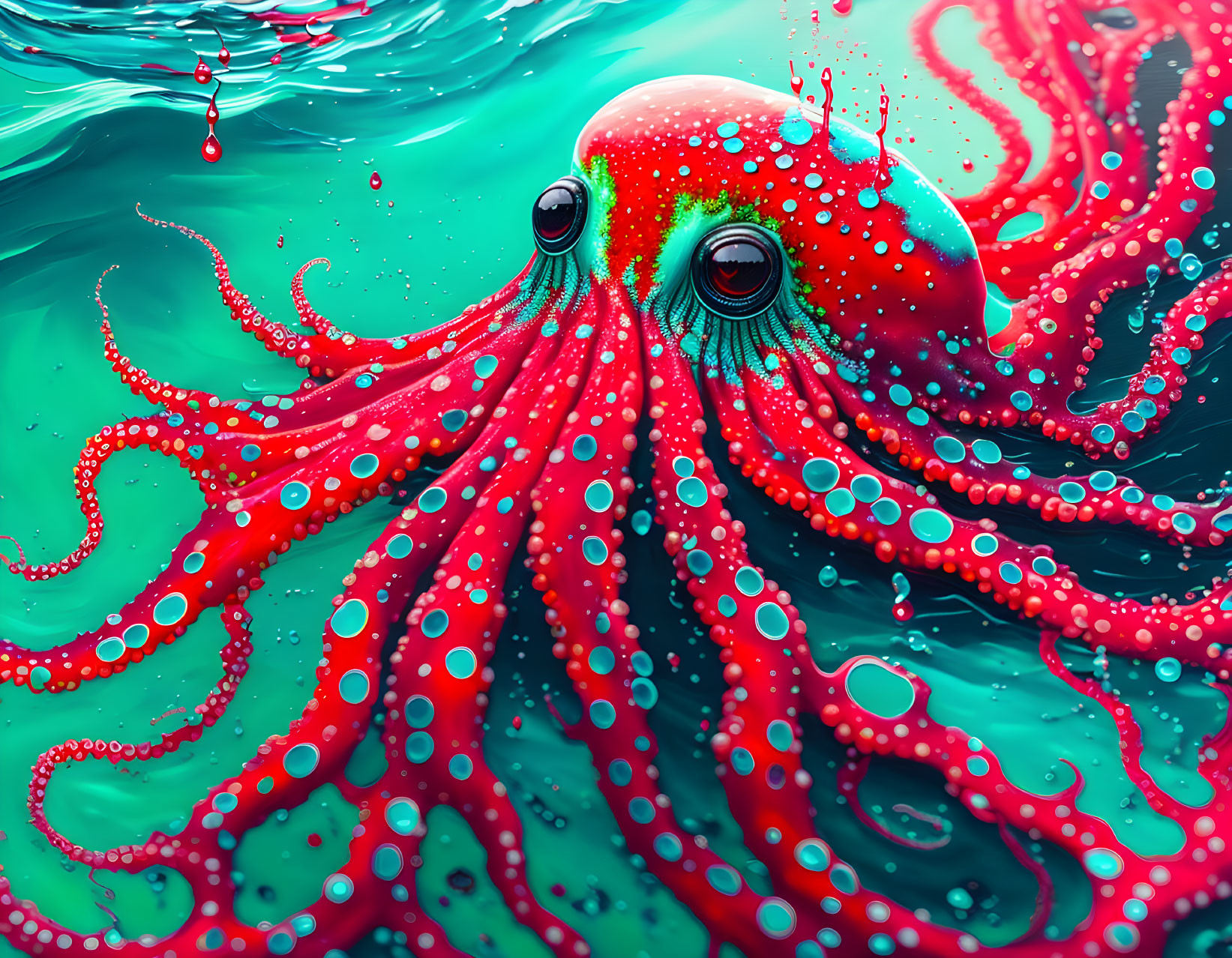 Colorful Stylized Octopus in Turquoise Sea with Red Spots