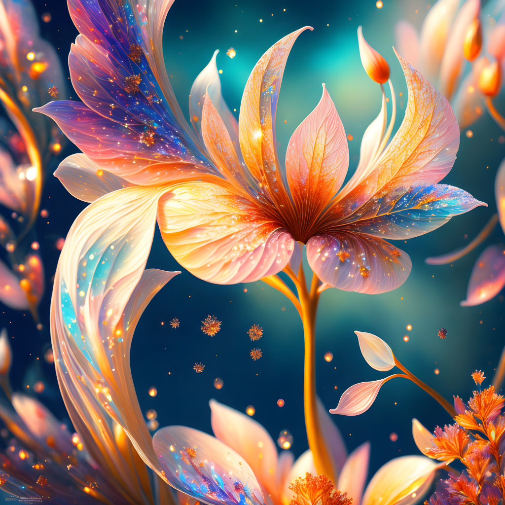 Colorful digital art: luminous flower with iridescent petals in blue, orange, and gold