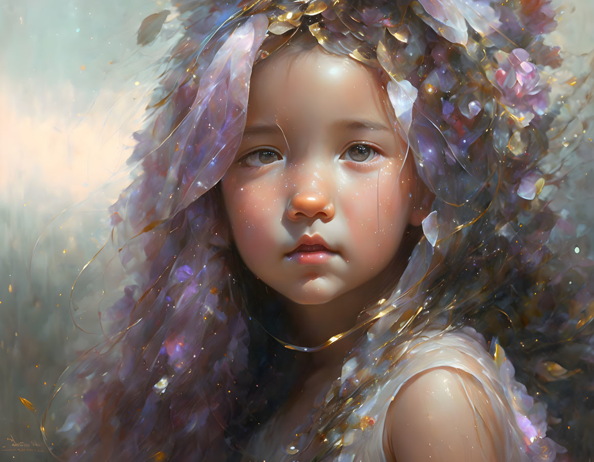 Young girl with floral crown and purple hair, thoughtful expression