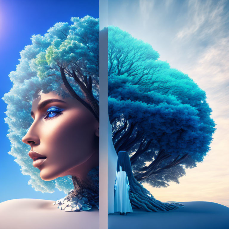 Woman's profile and tree silhouette in split-image artwork against blue sky