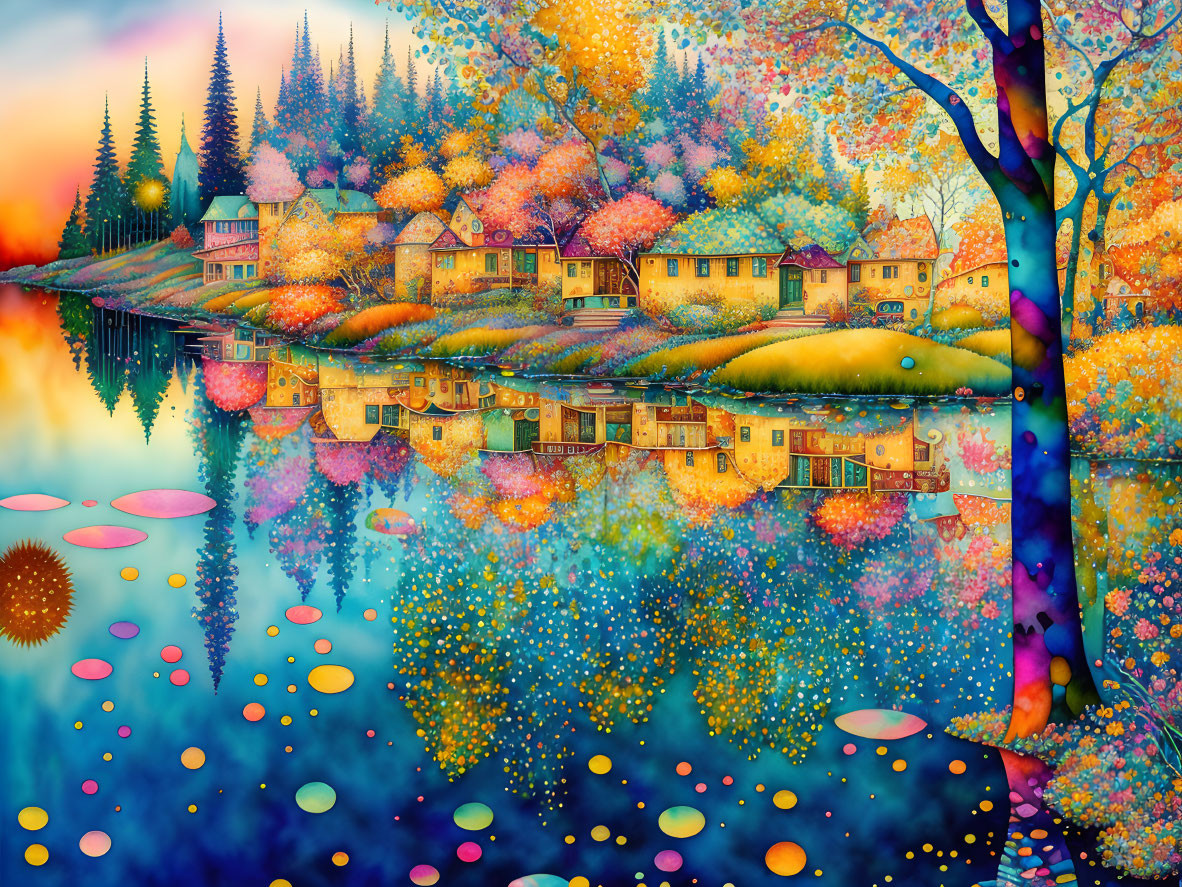 Colorful Artwork: Whimsical Village by Reflective Lake