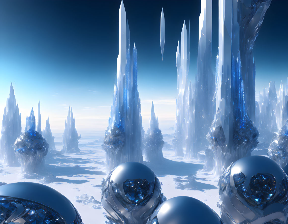 Icy Landscape with Blue Ice Spires and Reflective Spheres