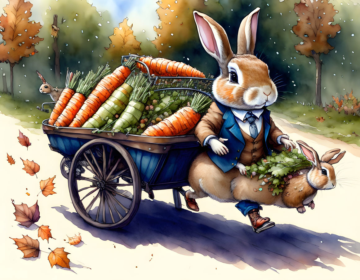 Anthropomorphic Rabbit in Suit Pulling Carrot Cart in Autumn Scene