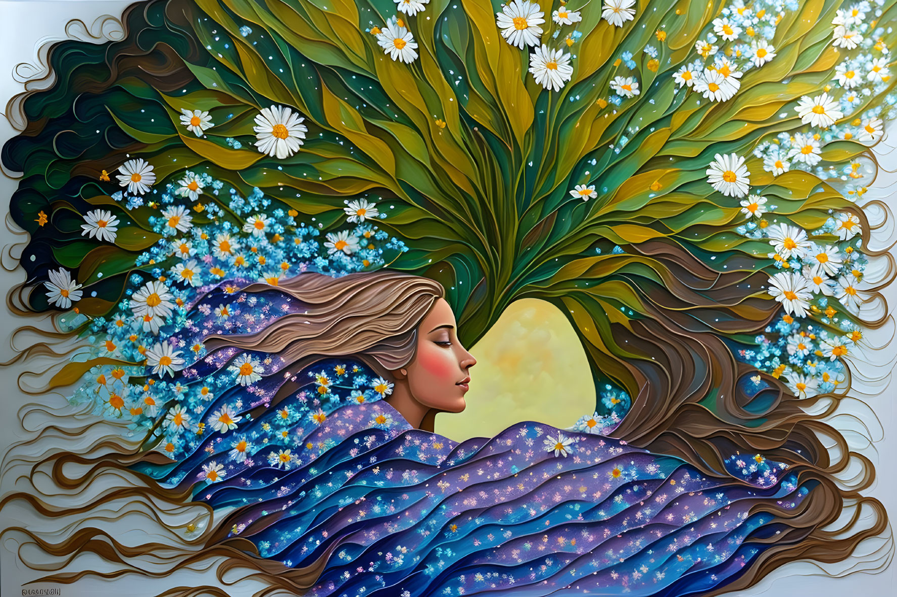 Surreal illustration: woman's hair merges with tree, daisies, moonlit sky,