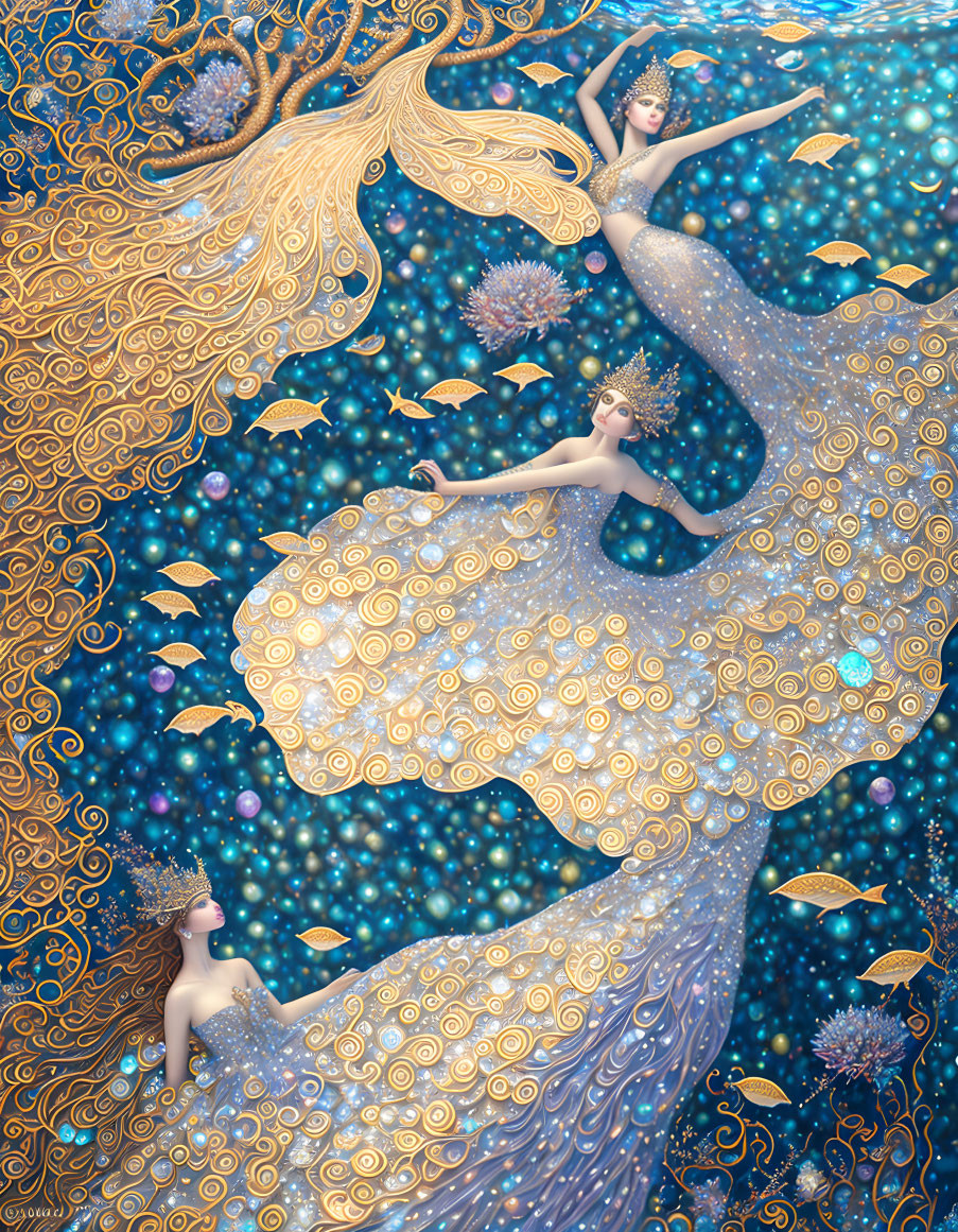 Three mermaids swimming among fish and coral in whimsical underwater scene