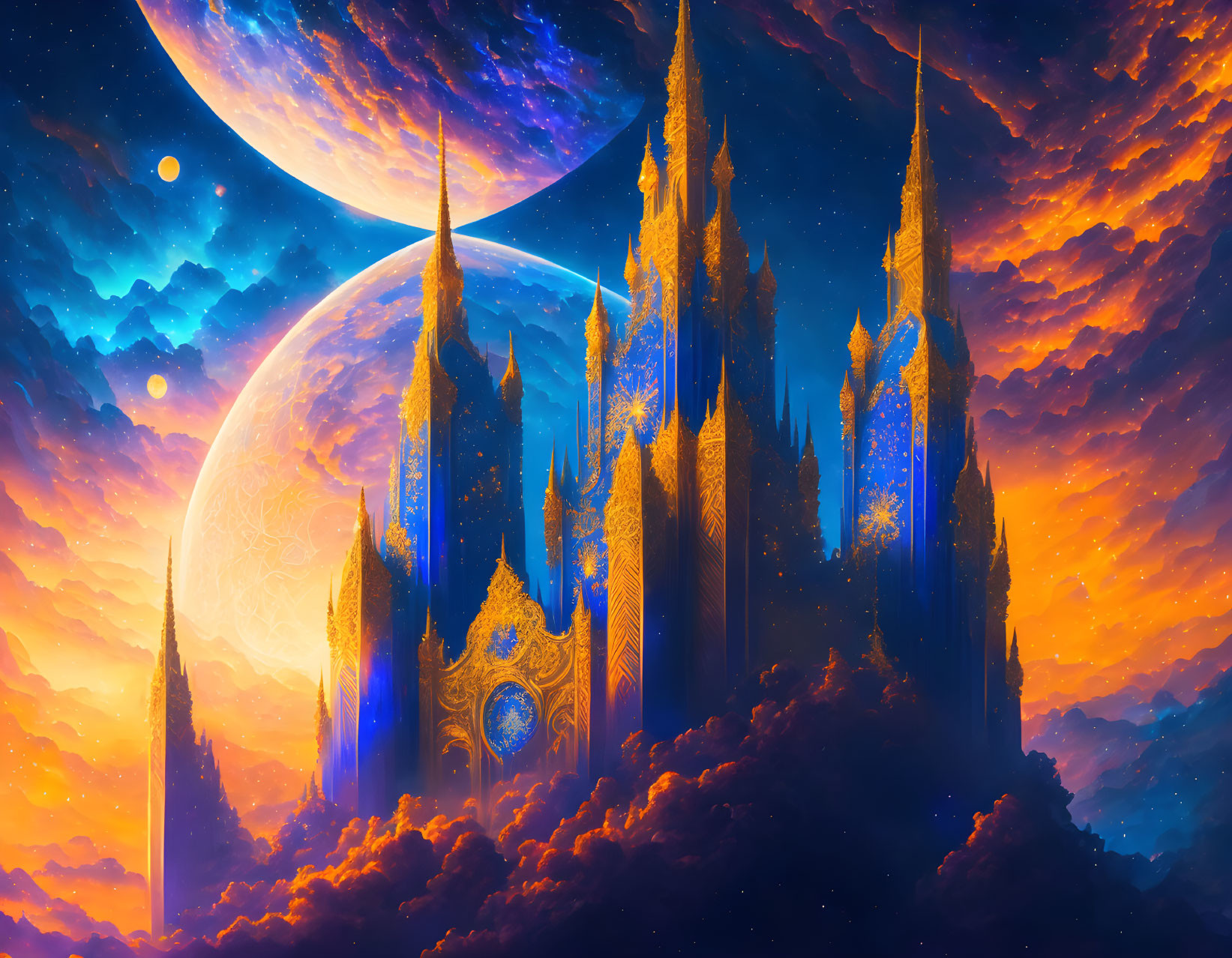 Majestic golden castles in vibrant sci-fi landscape