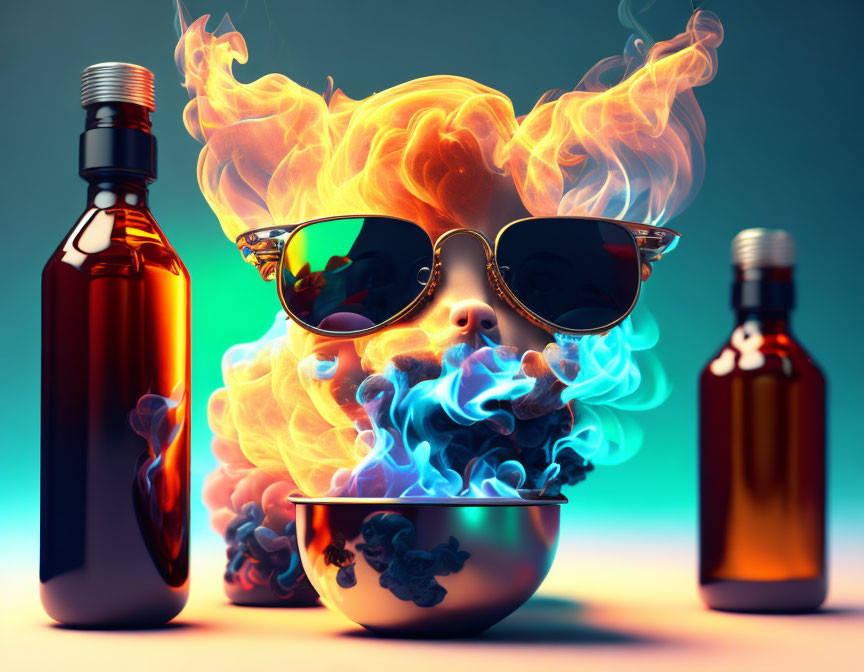 Vibrant 3D illustration of fiery skull with sunglasses and bottles on turquoise backdrop