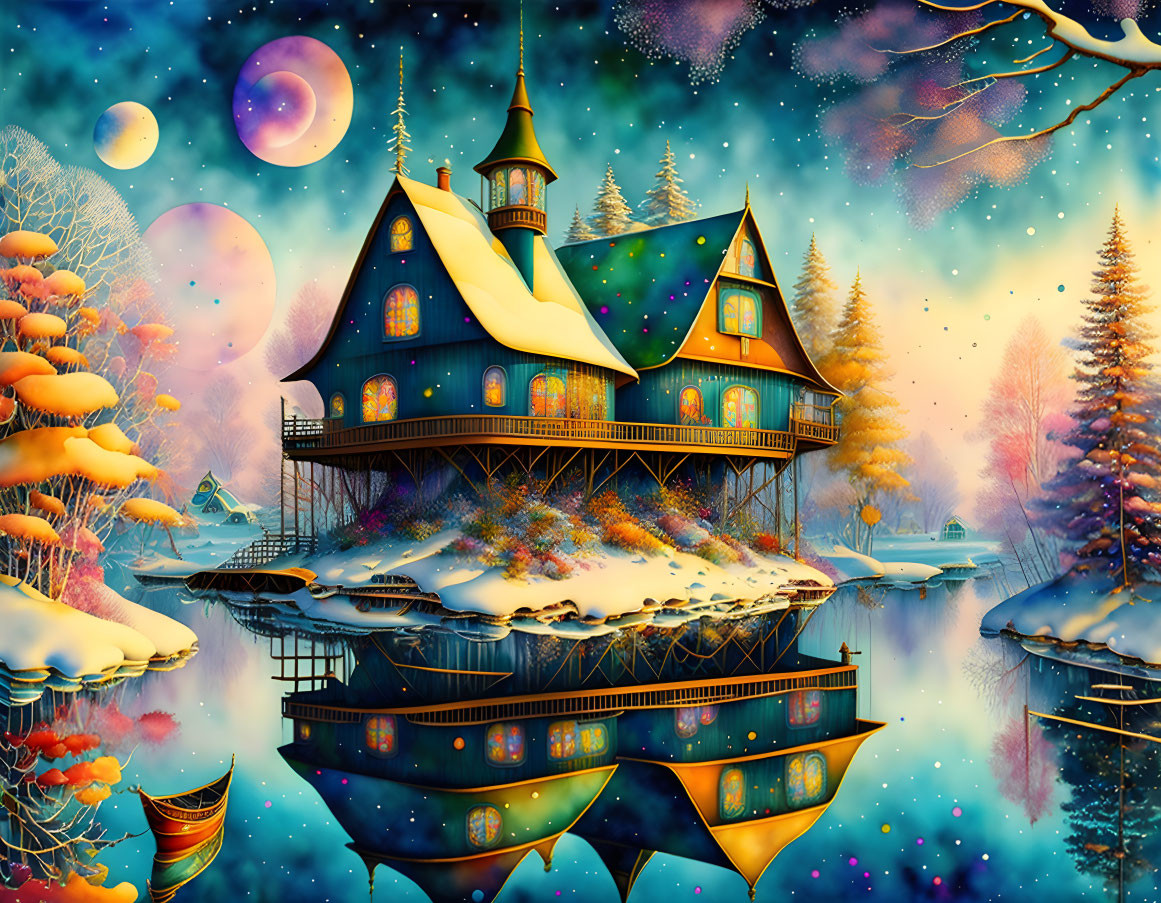 Whimsical winter scene with house on stilts, snowy trees, and colorful night sky