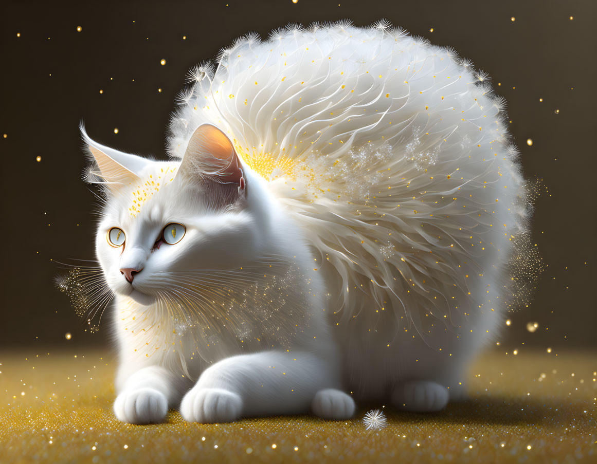 Fluffy White Cat with Luminous Fibres on Dark Sparkly Background