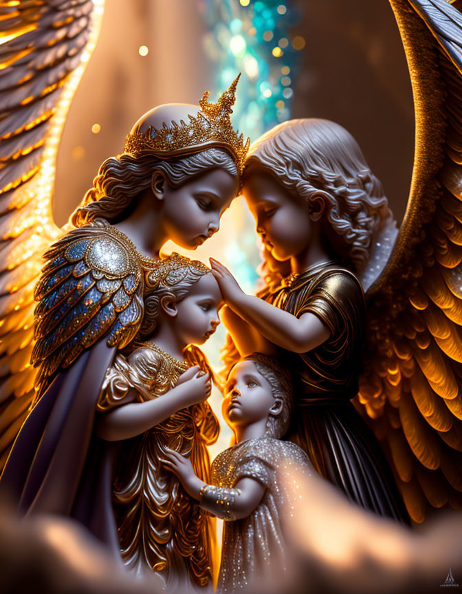 Four angelic figures with golden wings in a warm, glowing light