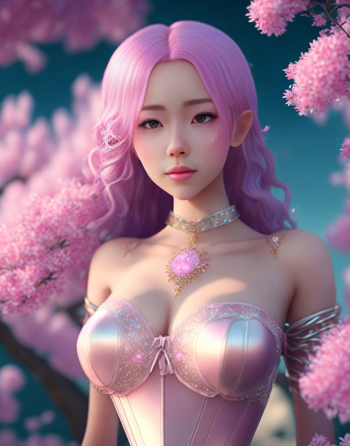 Digital Artwork: Female Character with Pink Hair and Blossoms