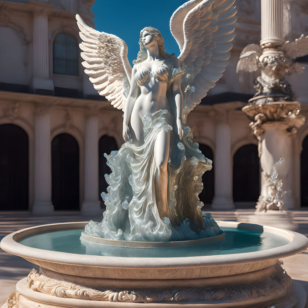 Angelic statue with wings in fountain courtyard under clear blue sky