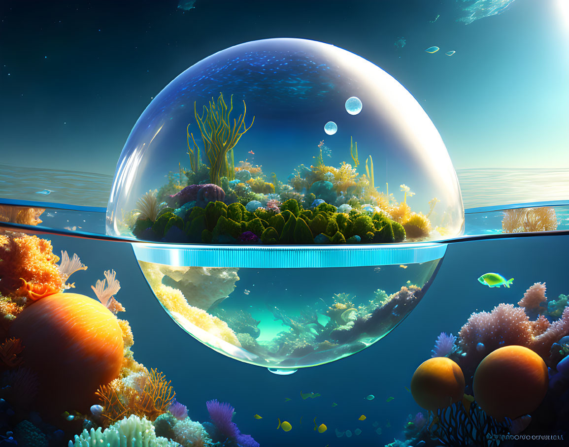 Colorful underwater ecosystem in bubble amid serene ocean depths