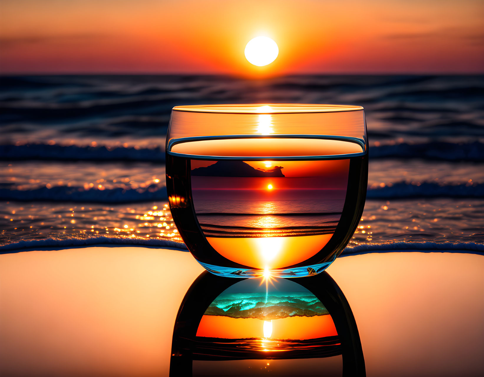 Sunset reflection in glass of ocean waves