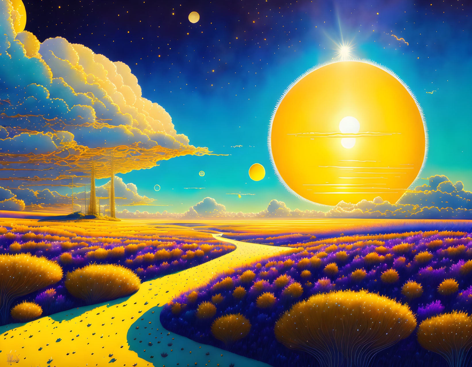 Colorful fantasy landscape with sun, planets, path, flora, starry sky, clouds