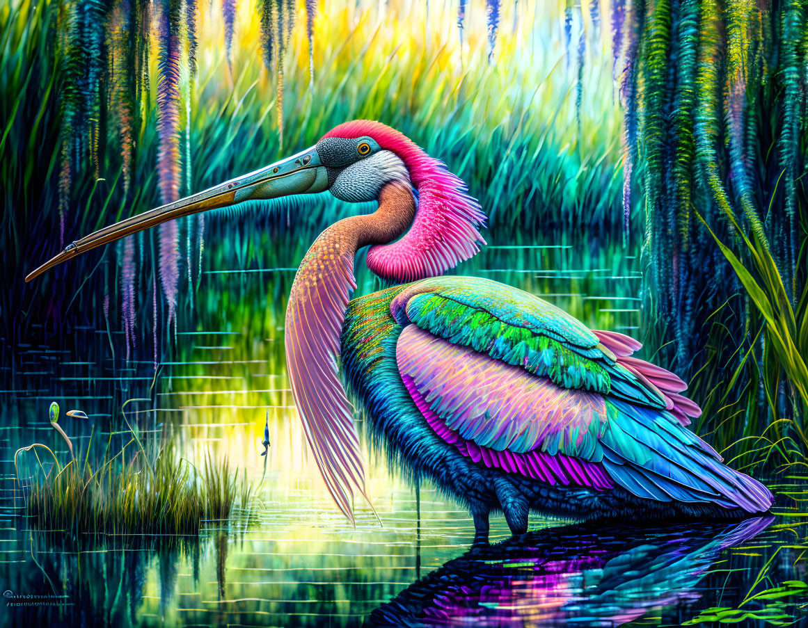 Colorful Pelican Artwork with Impressionist Background