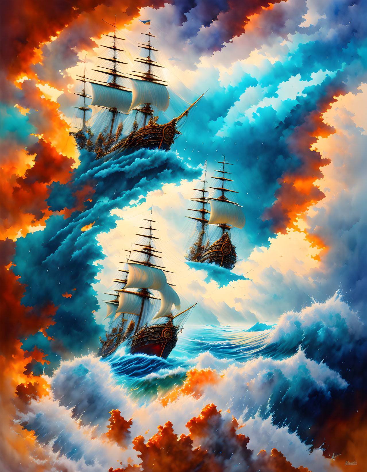 Vibrant surreal artwork: three ships in stormy sea.