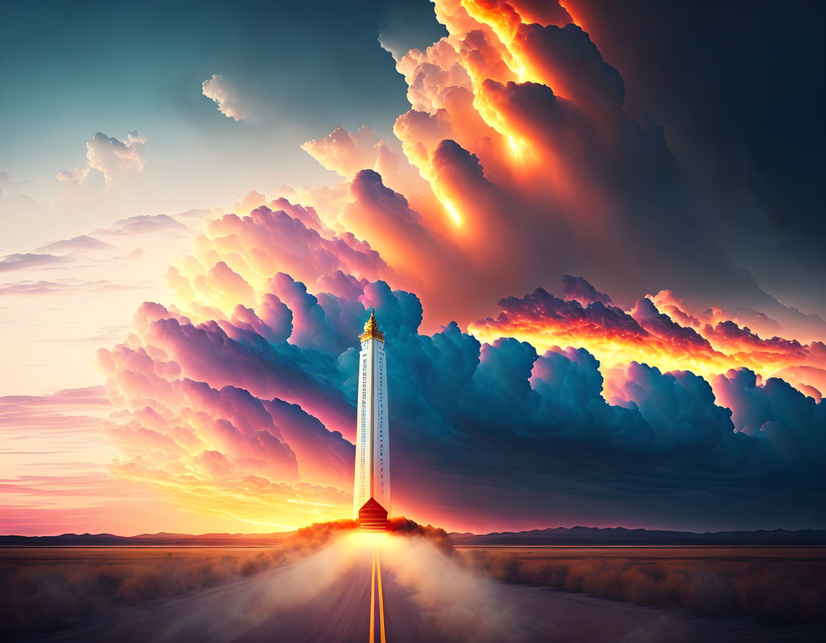 Towering Structure Illuminates Road Under Multicolored Sunset Sky