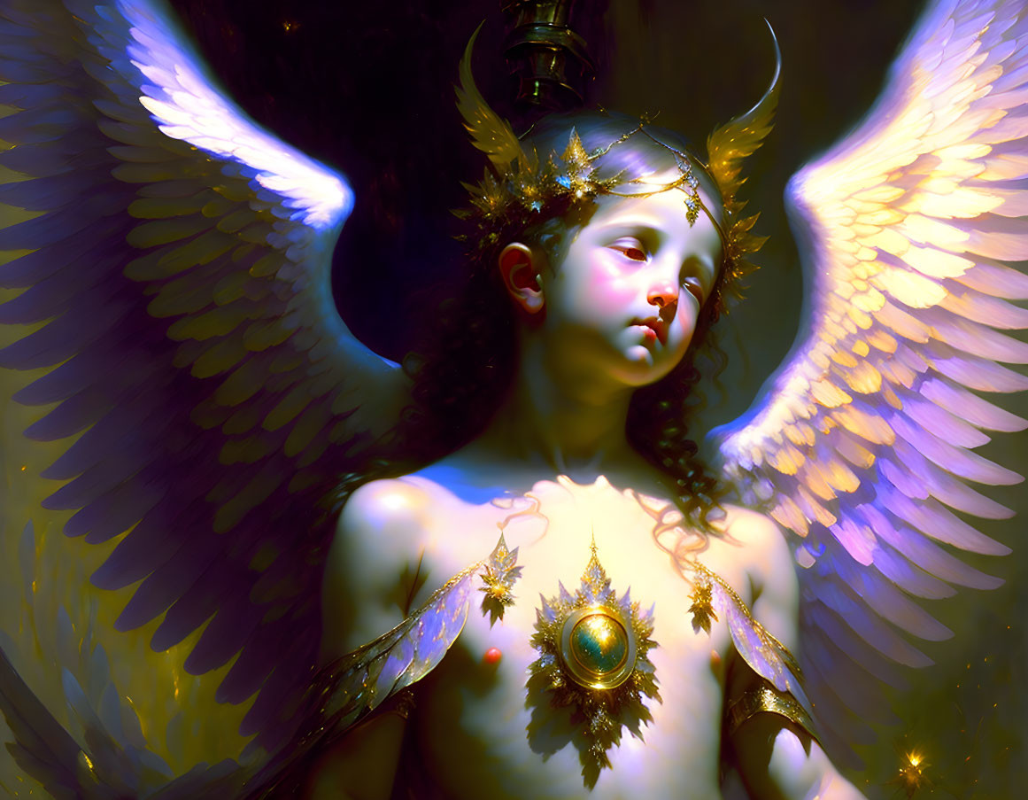 Golden-adorned angel with large white wings in mystical light