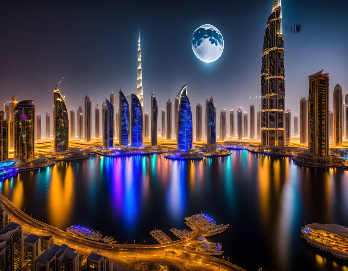 Illuminated Dubai skyline with full moon and clear skies