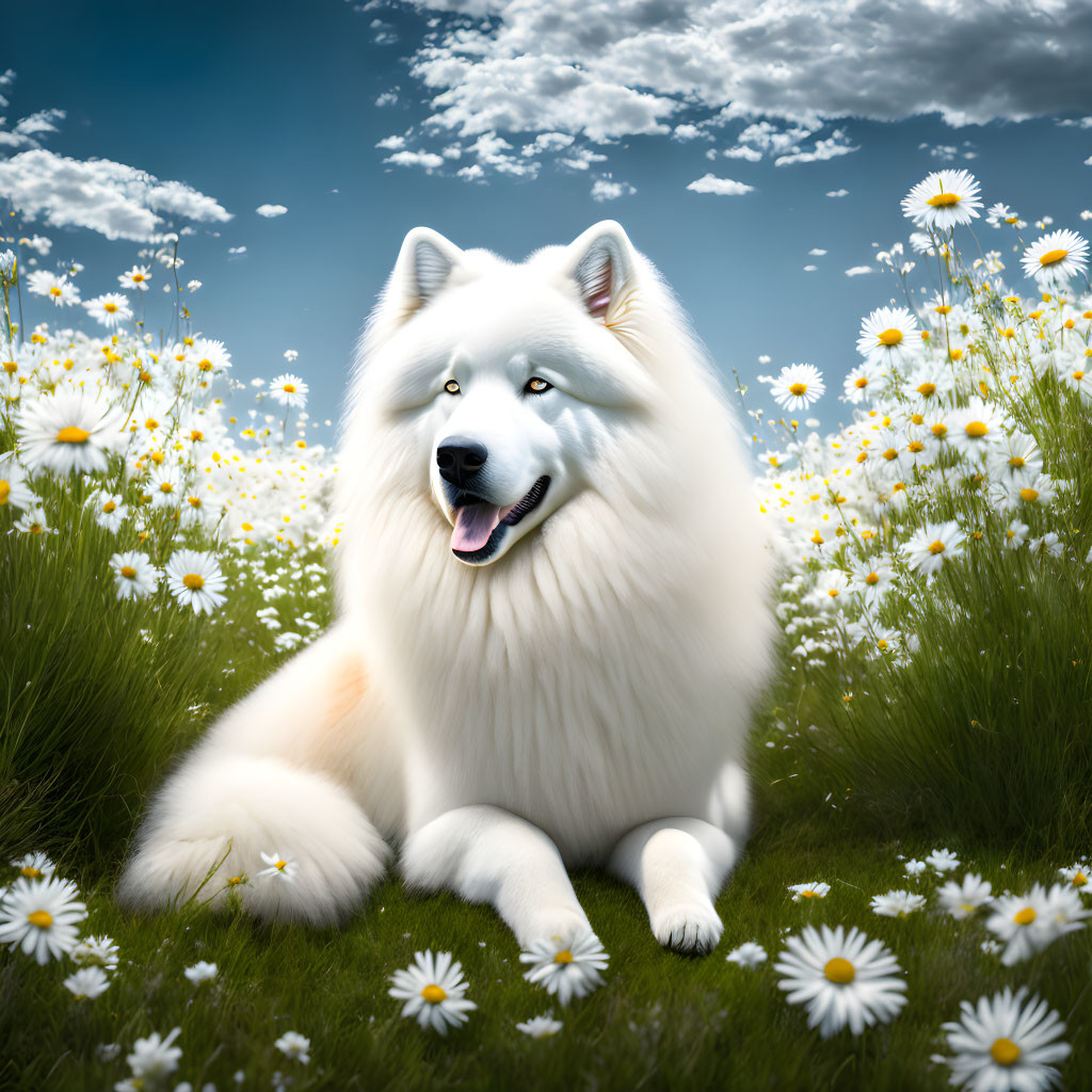 Fluffy White Dog Relaxing in Sunny Field with Daisies