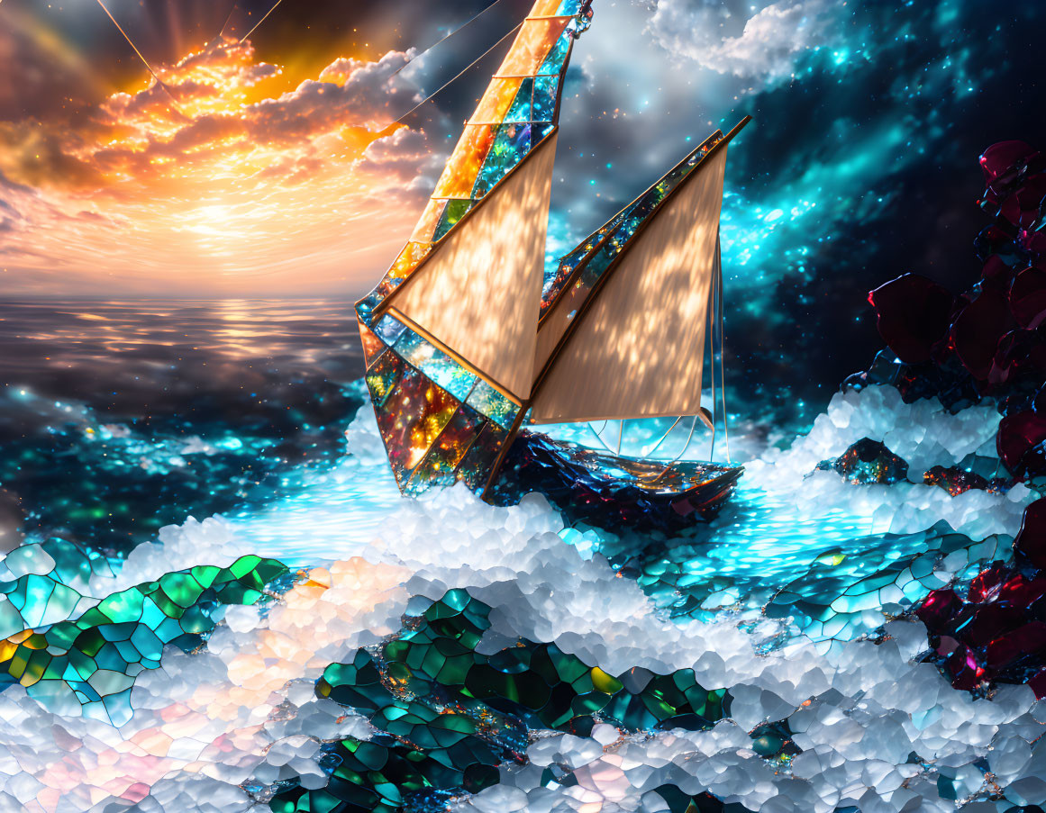 Colorful digital artwork: sailboat on crystal sea under split sky