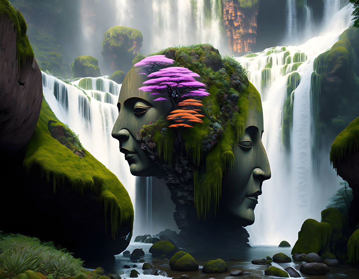 Surreal artwork: Two faces merging with nature in lush waterfall scene