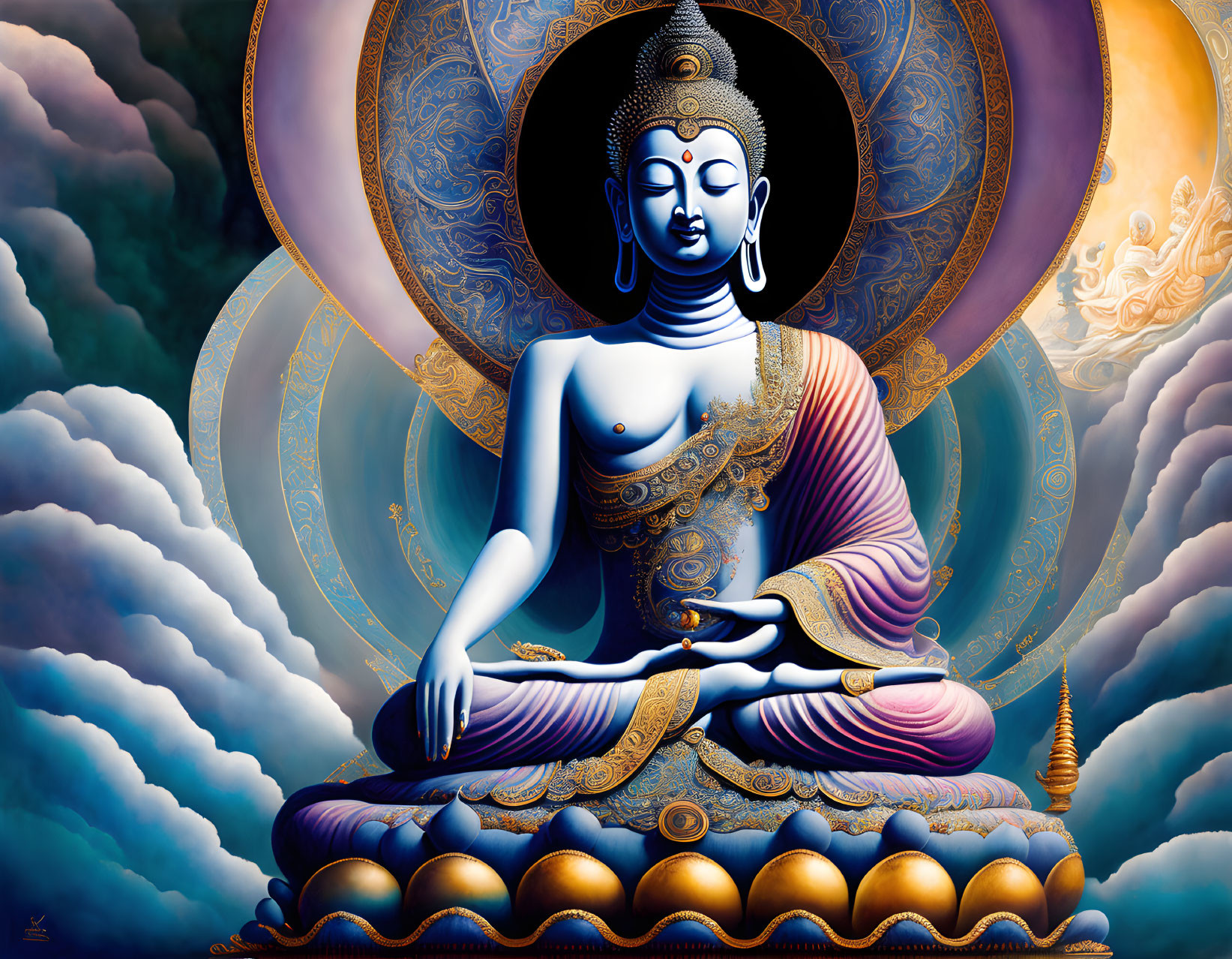 Blue Buddha in Meditation Surrounded by Clouds and Golden Ornaments