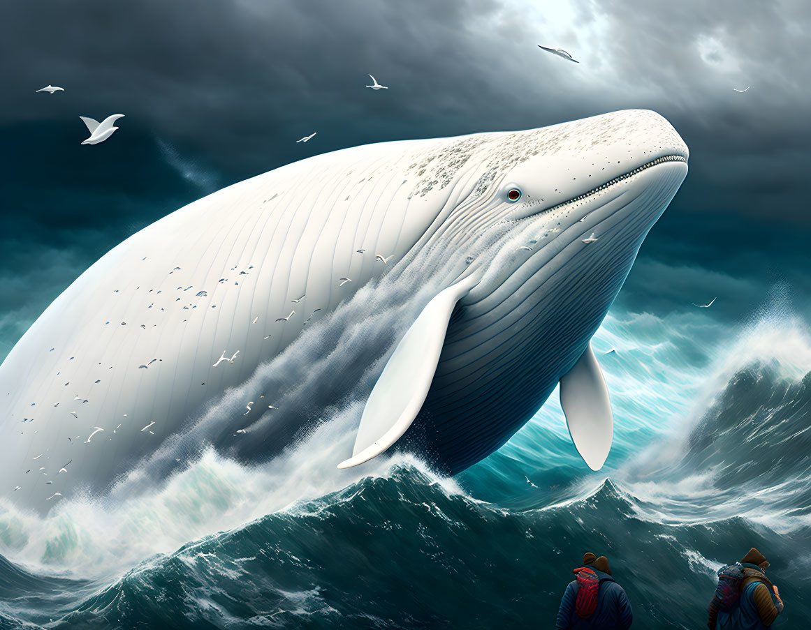 Blue whale emerges from stormy ocean with seagulls and spectators in boat