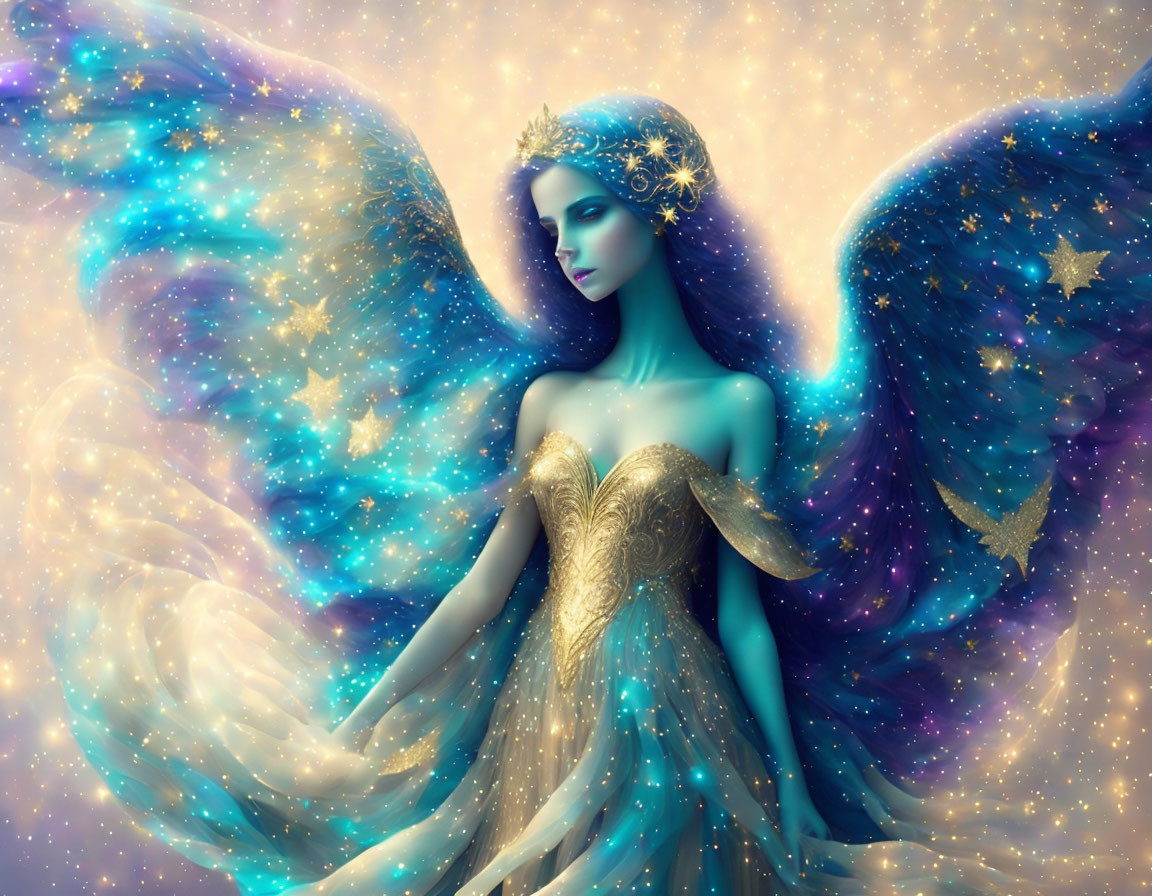 Woman with Blue Starry Wings and Sparkling Gown in Cosmic Setting