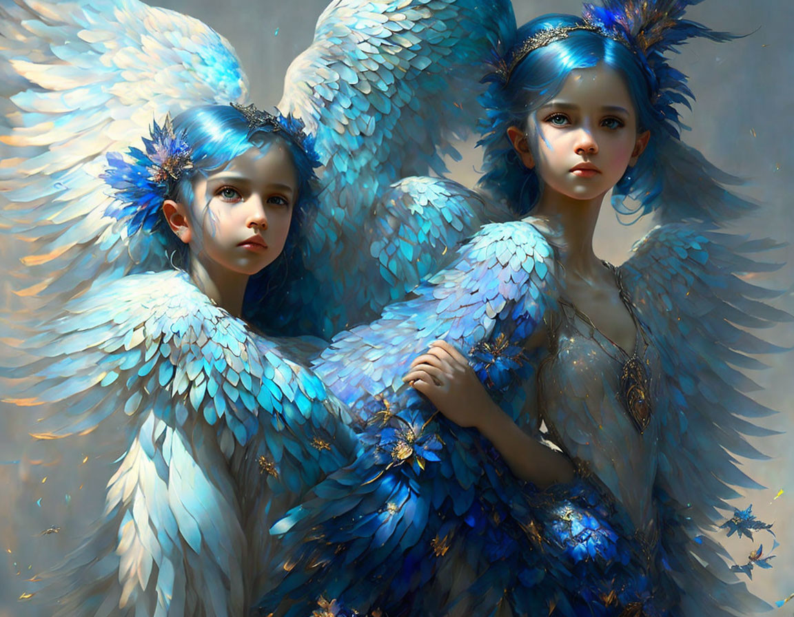 Fantasy characters with large blue wings and ornate feathers in angelic attire.