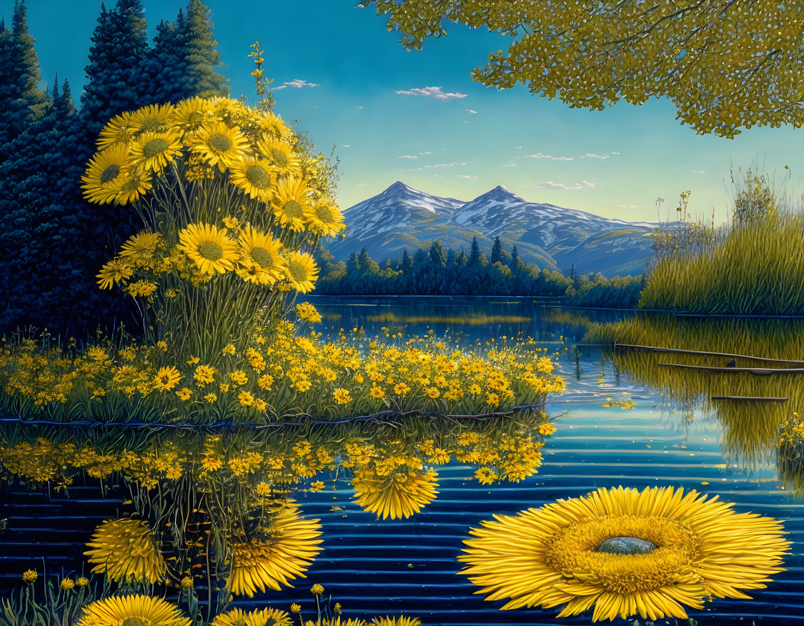 Scenic landscape: sunflowers by lake, mountains, forest