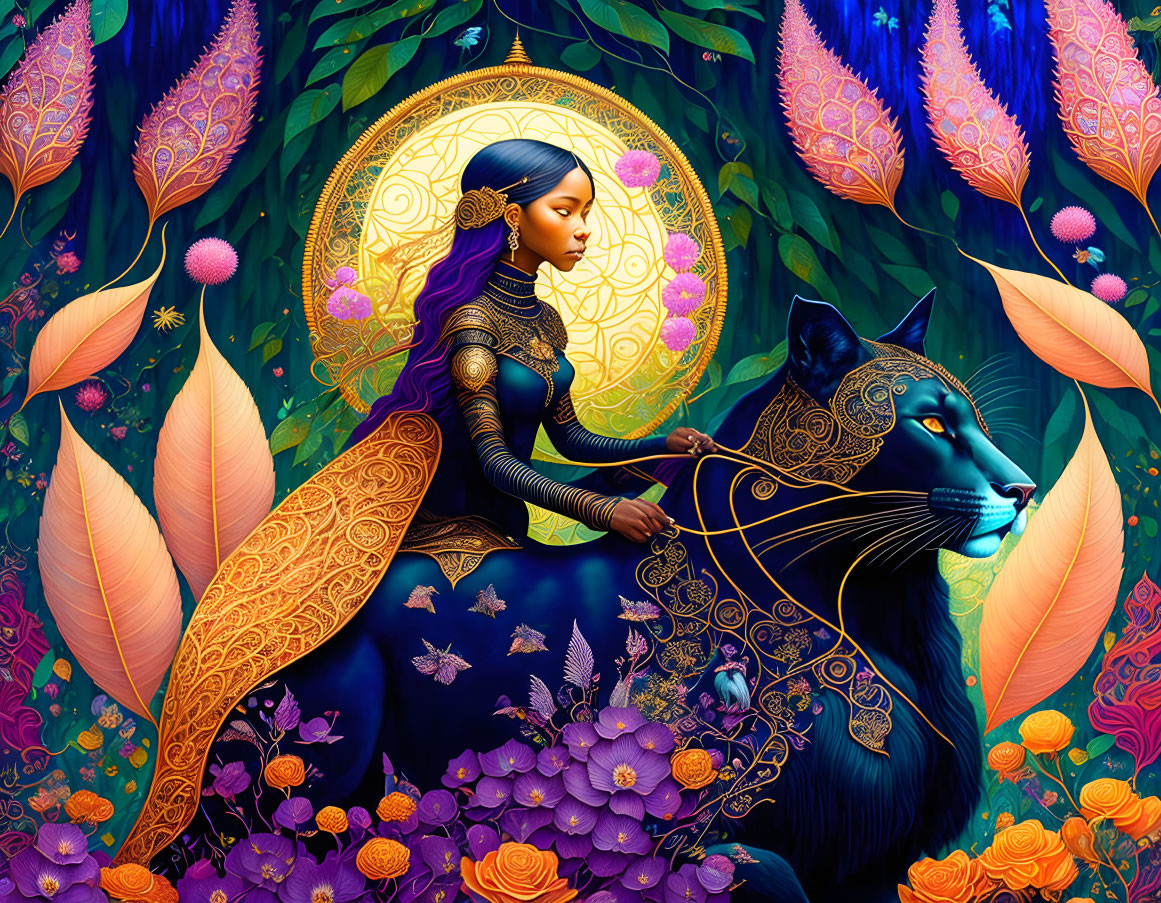 Mystical woman in ornate attire with black panther in vibrant flora setting