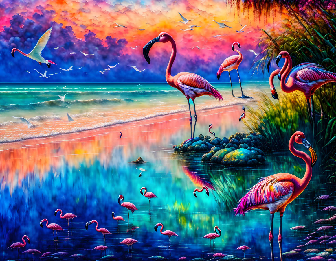 Colorful Flamingo Painting by Lake at Sunset