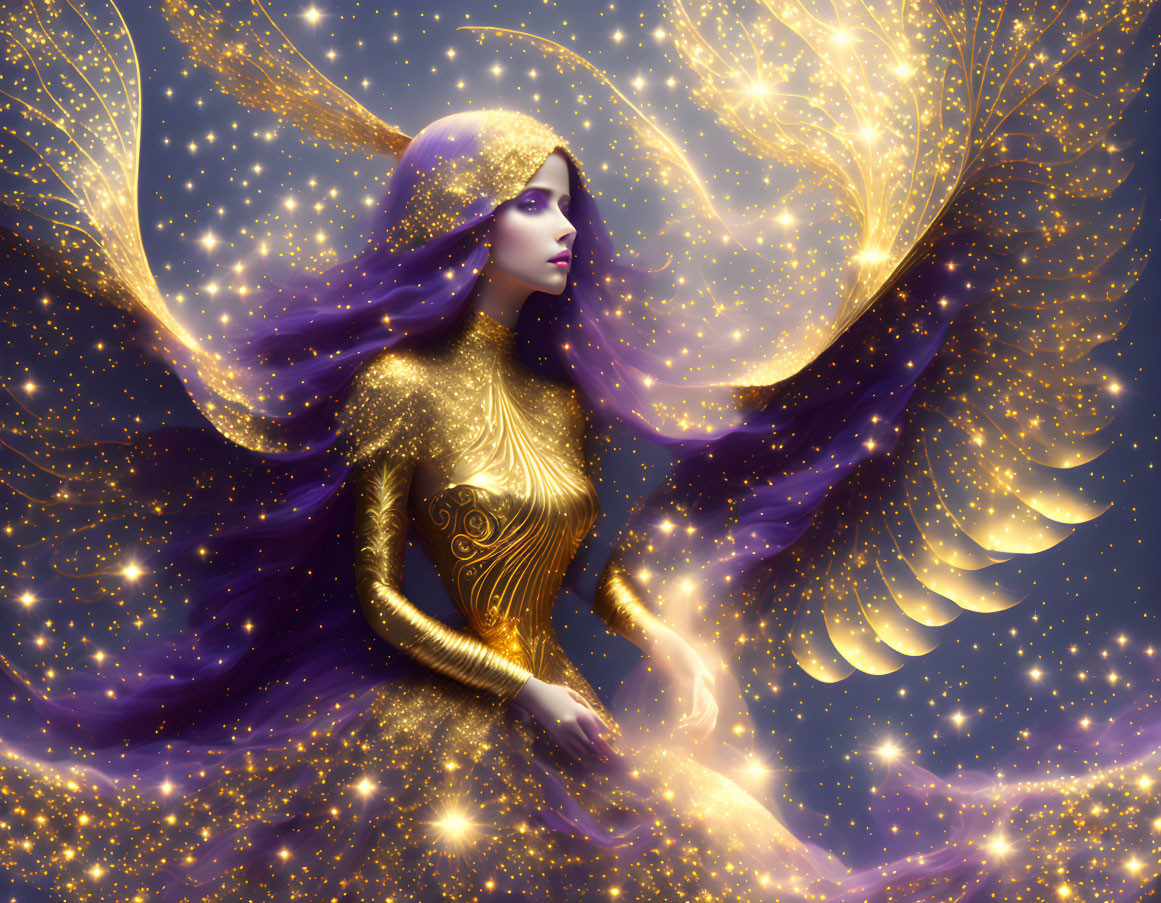 Ethereal woman with golden wings in starry background