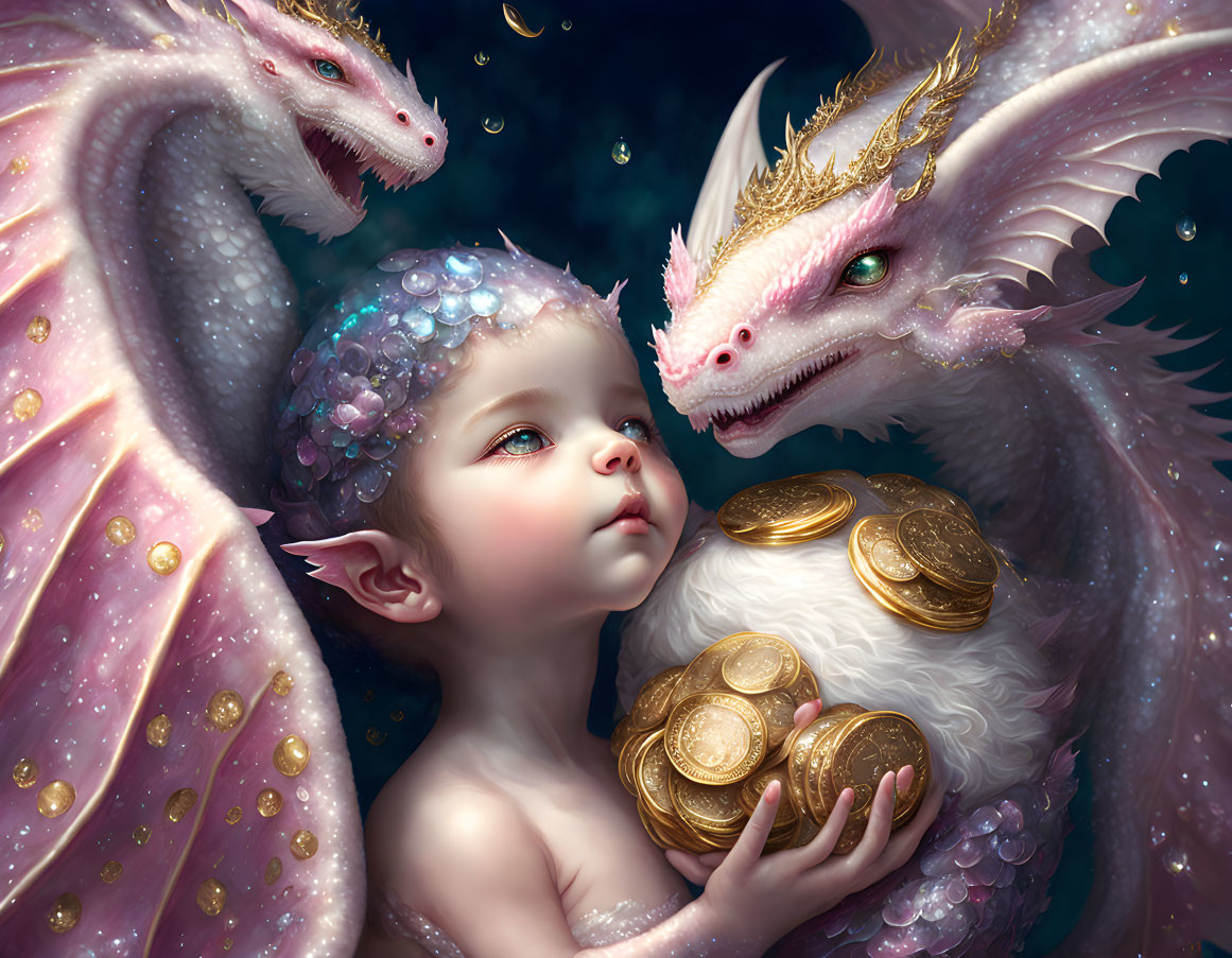 Fantastical artwork: Elf child with dragons and gold coins