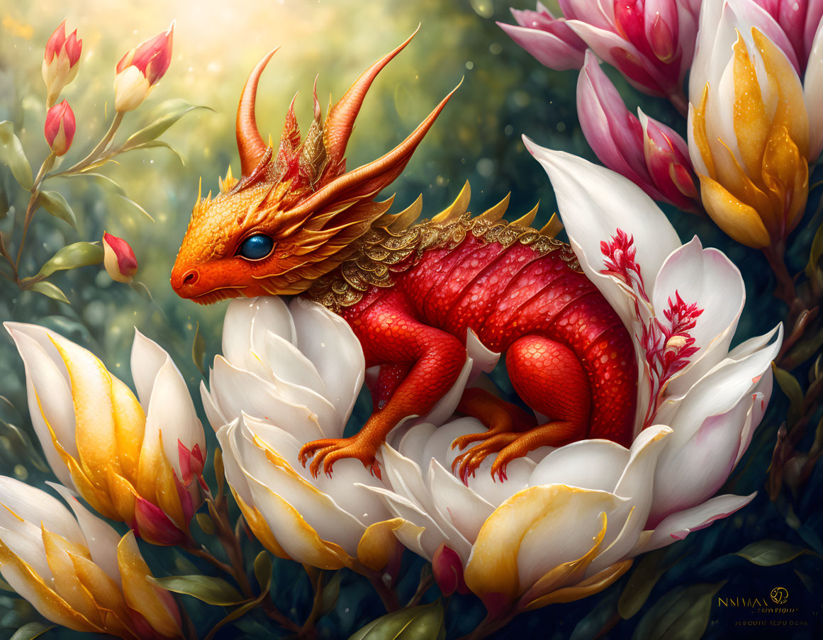 Colorful Dragon in White Flower Surrounding