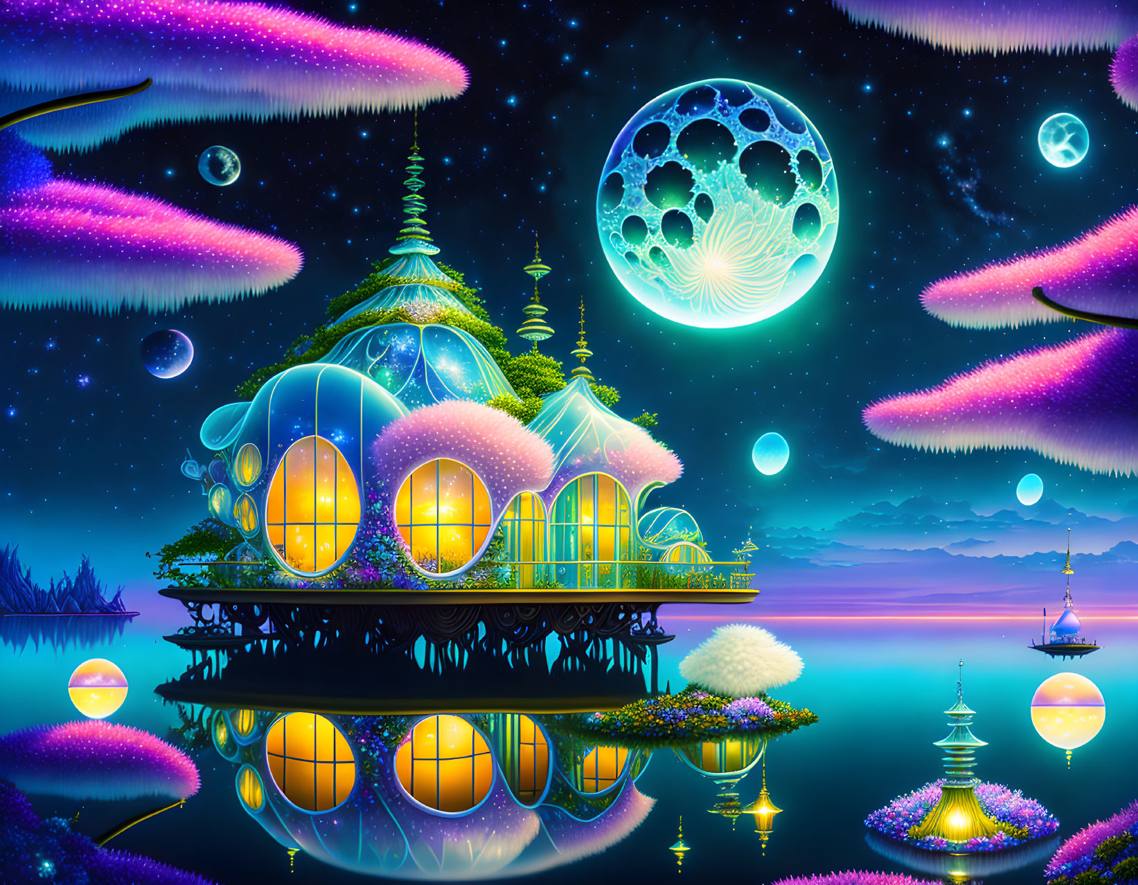 Fantastical landscape with luminescent buildings and floating islands