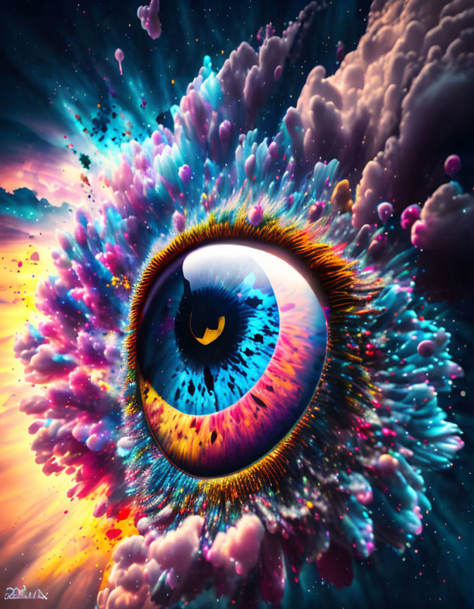 Colorful surreal eye art with cosmic explosion