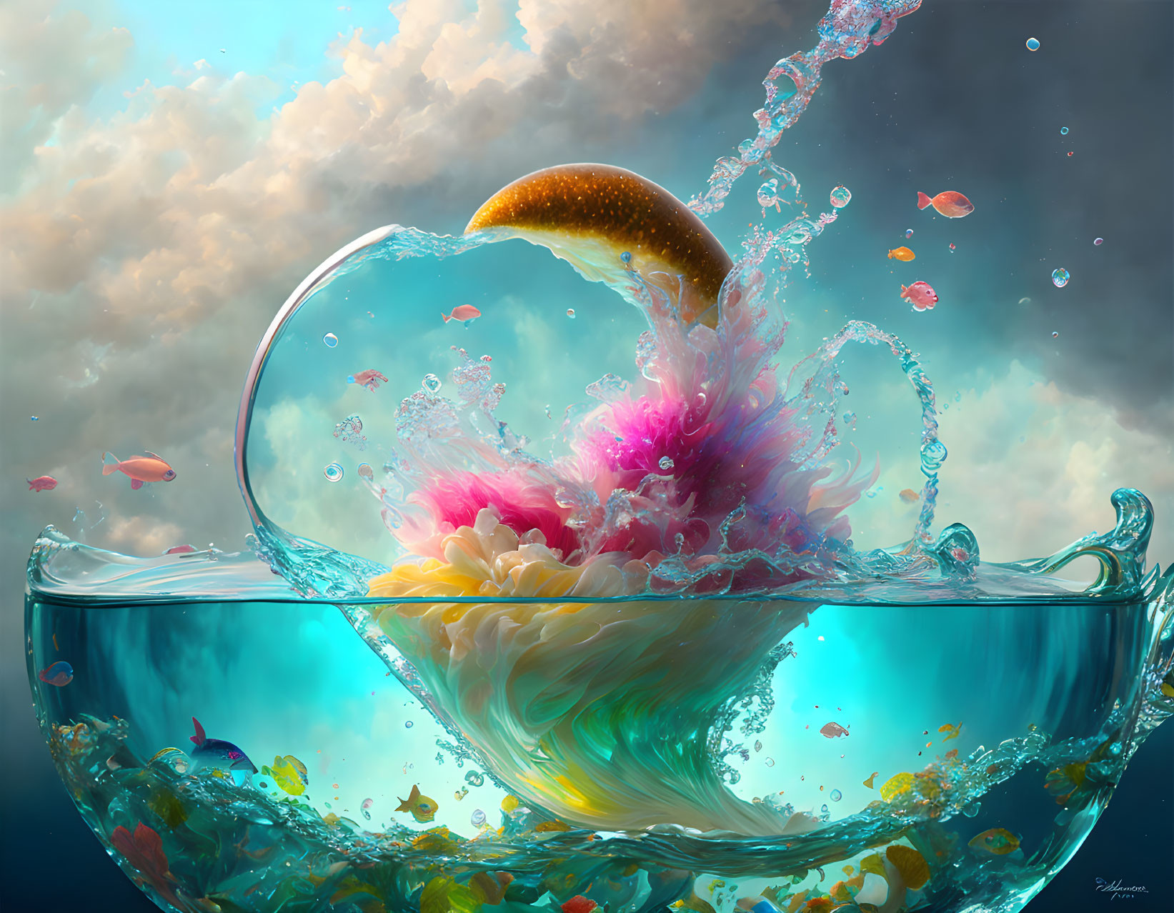 Colorful digital artwork: Banana splash in fish-filled bowl