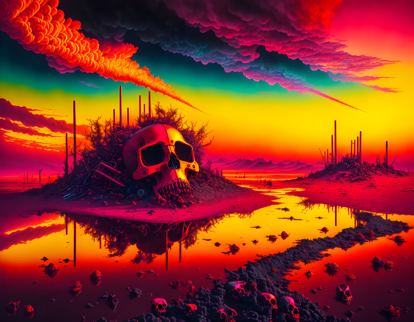 Colorful apocalyptic landscape with skull-shaped structure, skeletal remains, reflective water, dramatic sky