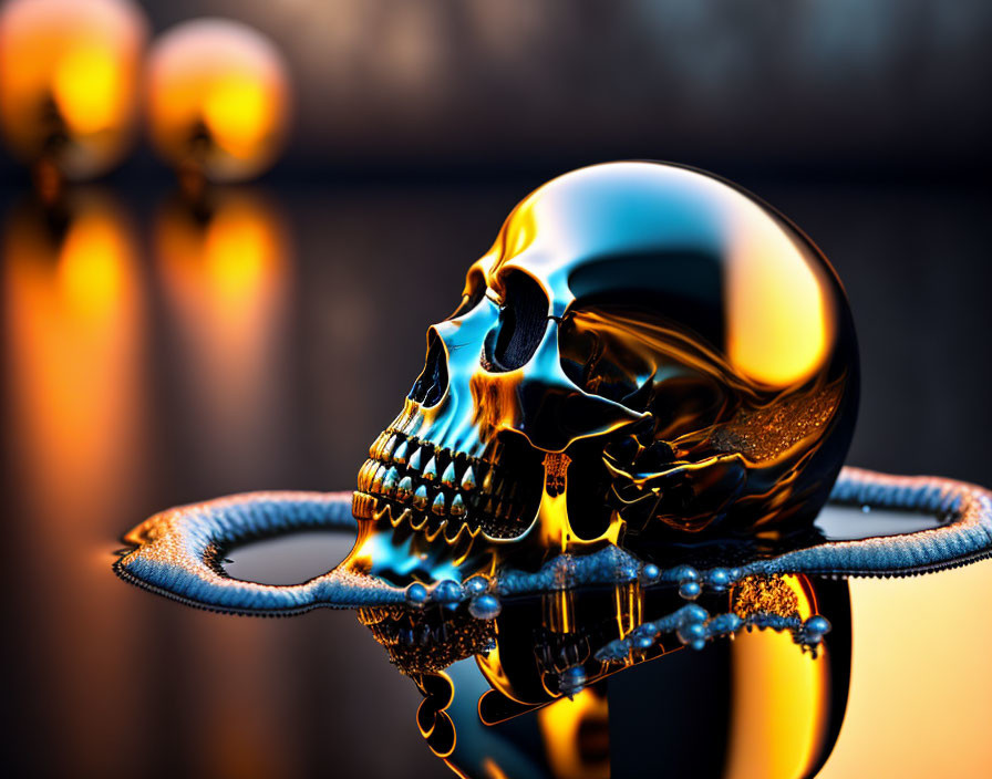 Intricate Golden Skull on Mirrored Surface with Orange Lights