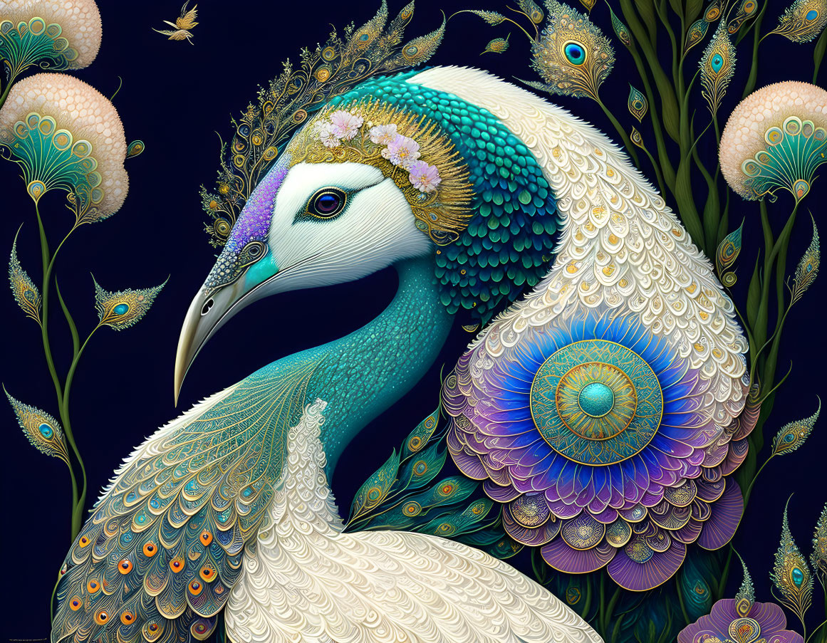 Detailed Peacock Illustration with Blue and Gold Plumage on Dark Background