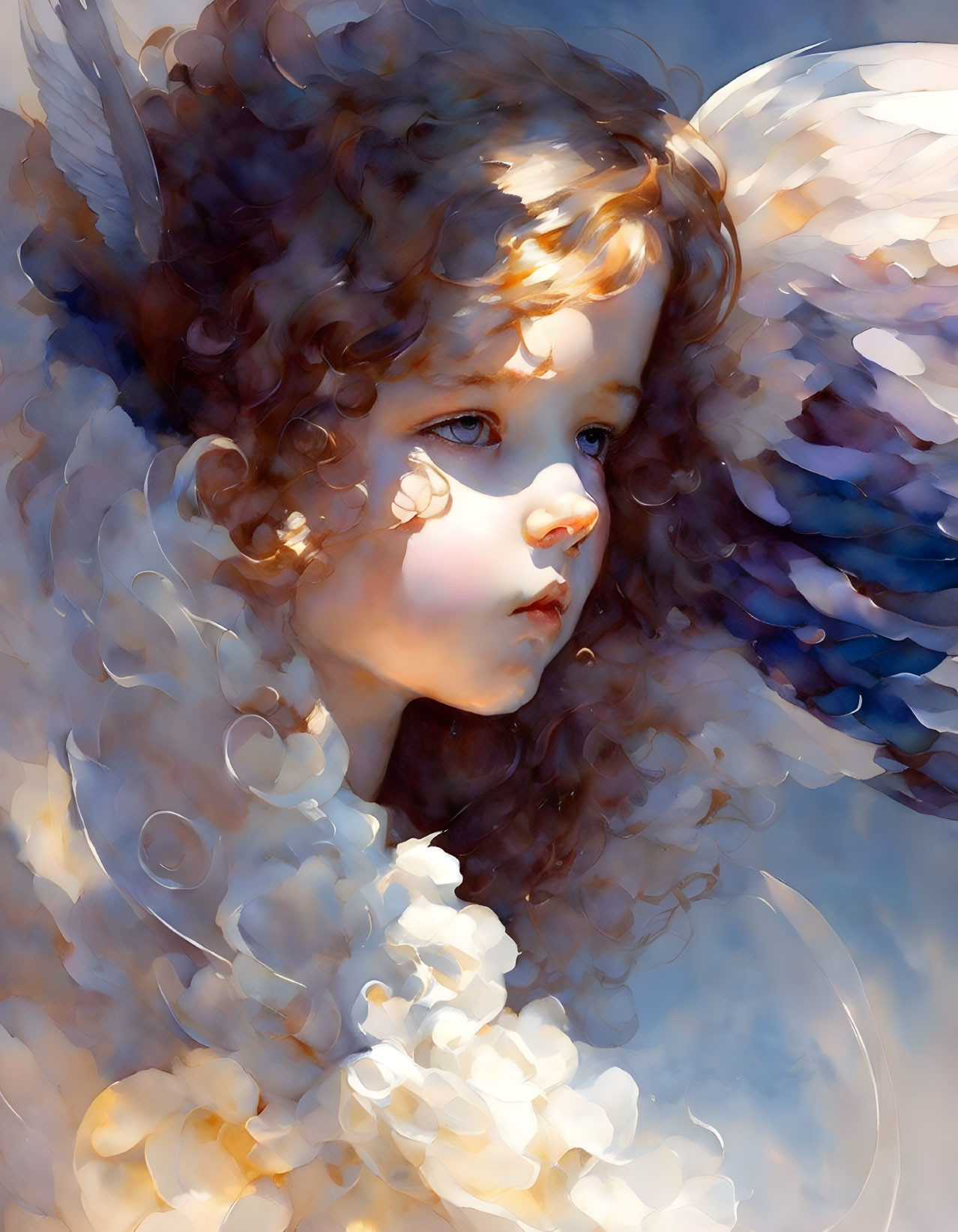 Young angelic girl with wavy hair and white wings on soft, luminous background